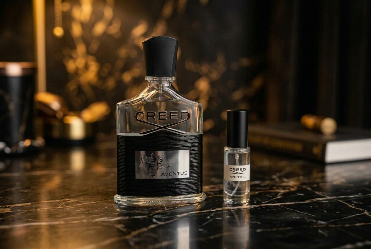 A bottle of Creed Aventus perfume and a matching travel spray vial on a polished black marble surface with a dark, moody background. and the liquid in the decant bottle is clear